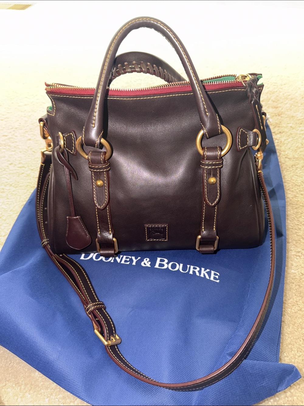 Dooney & Bourke Brown Tomro Leather Satchel with Red Trim REGULAR SIZE